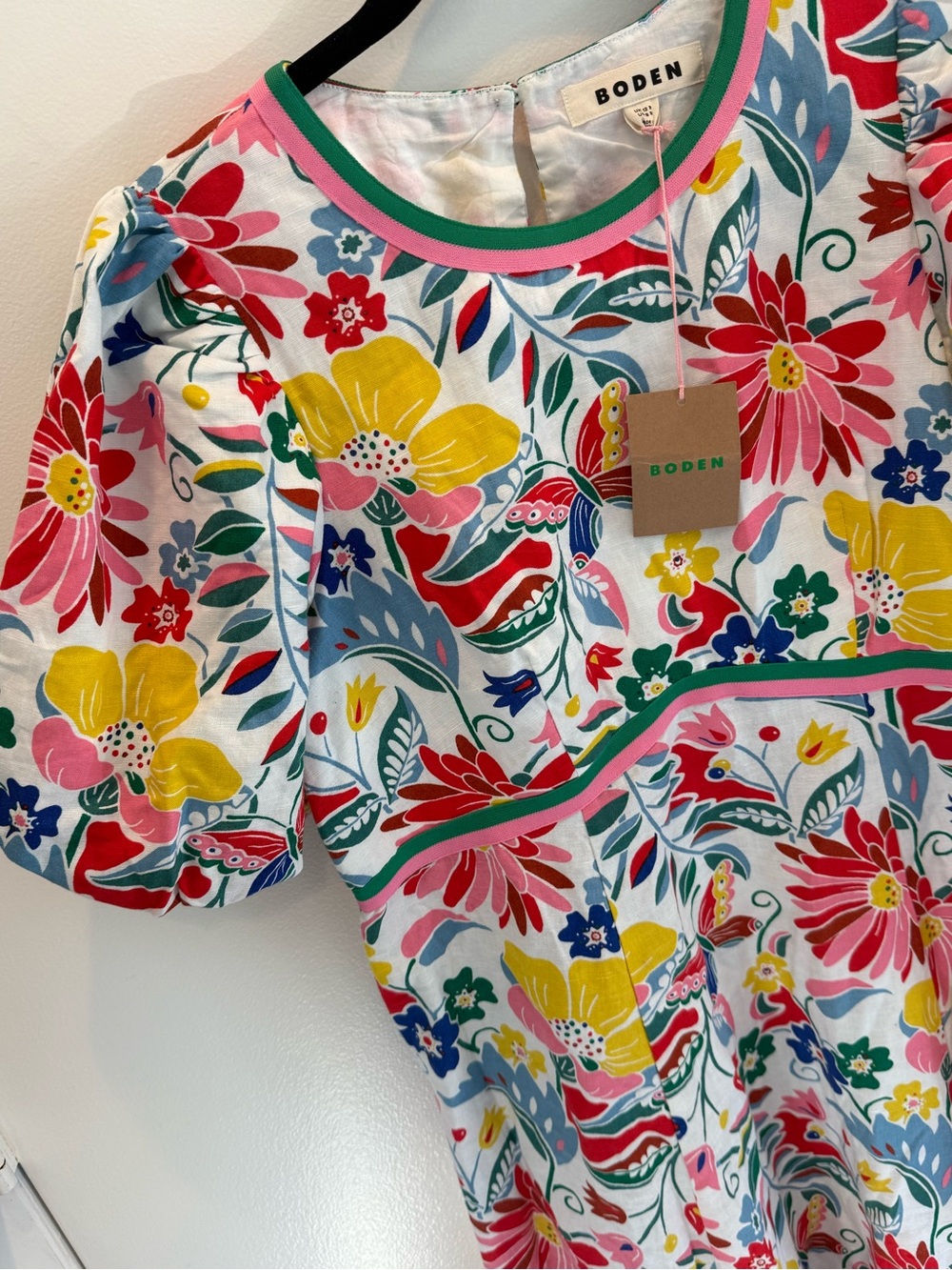 Boden Floral Puff-Sleeve Midi Dress in Pink, Yellow, Blue & Green - Picture 3 of 5